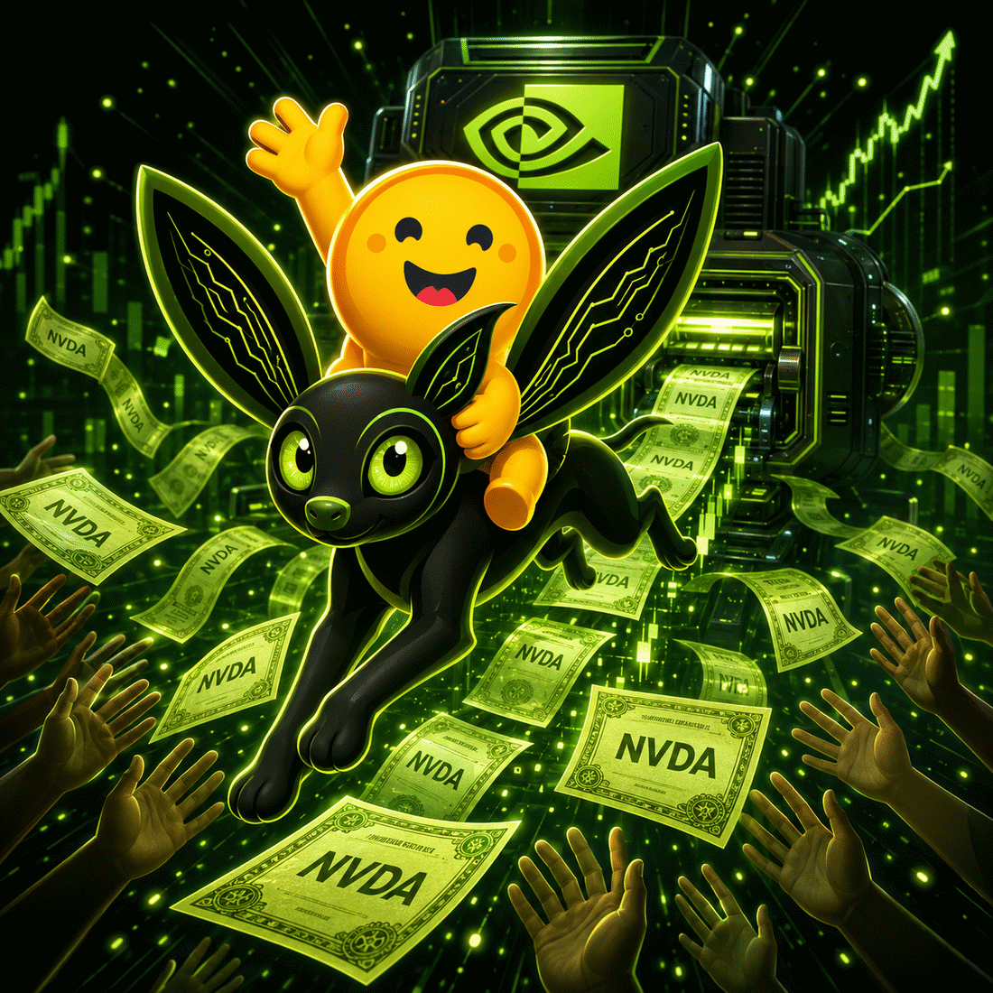 HugVIDIA artwork: the yellow Hugging Face mascot riding a black, green-eyed creature with circuit-etched wings, flying through a datacenter of glowing green NVDA certificates.